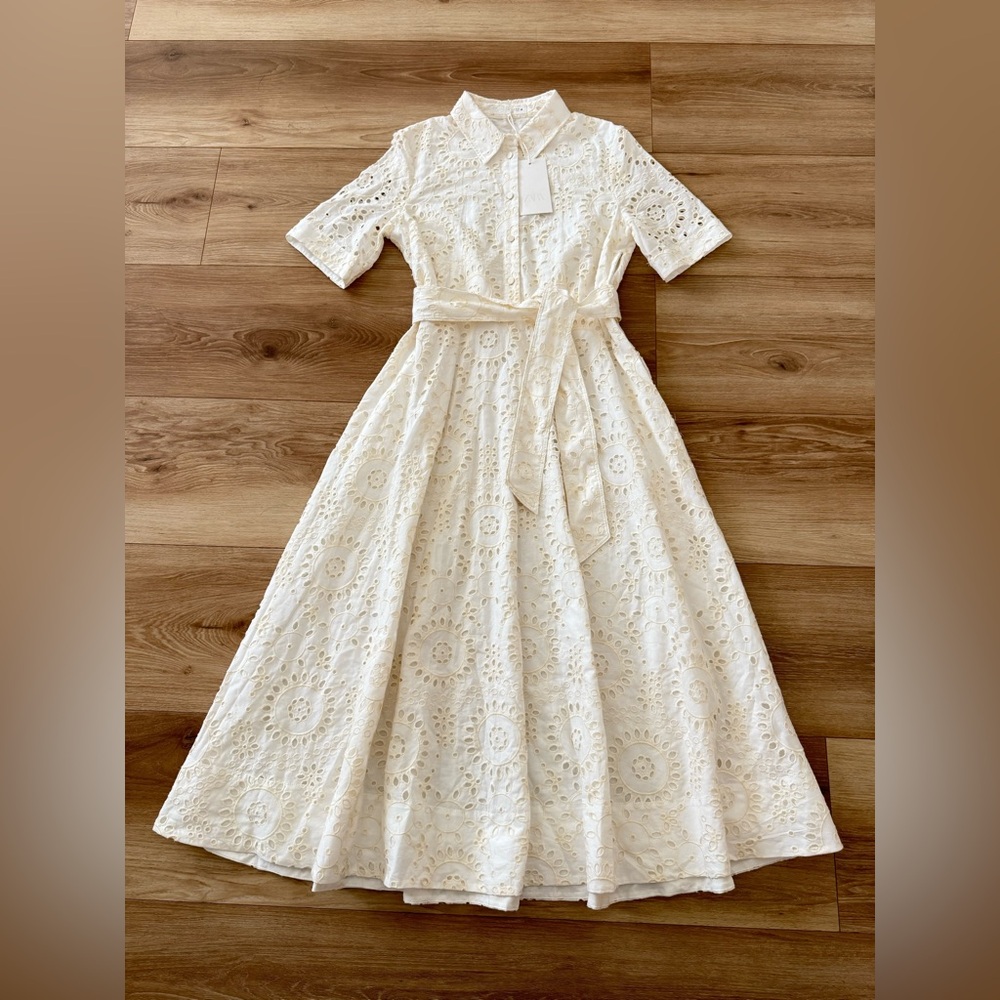 ZARA EYELET EMBROIDERED SHIRT MIDI/MAXI DRESS MEDIUM ECRU COLOR